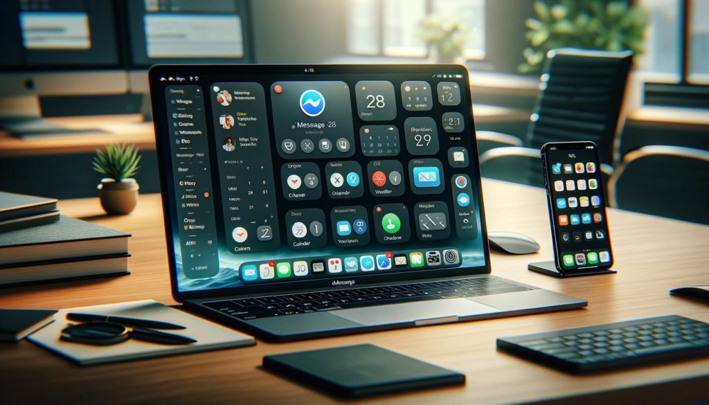 DALL·E 2023-11-03 14.40.08 - Photo of a sleek, modern workspace with a Macbook Pro displaying the iMessage interface on the screen, with various third-party app widgets like calen