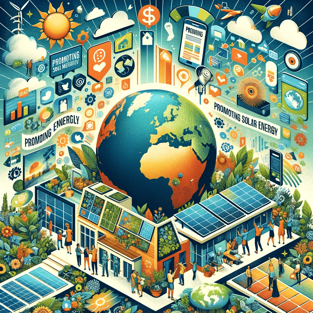 DALL·E 2024-02-05 14.39.09 - A vibrant and inspiring header image for a blog article, showcasing a collage of different elements that represent promoting solar energy on social me-min