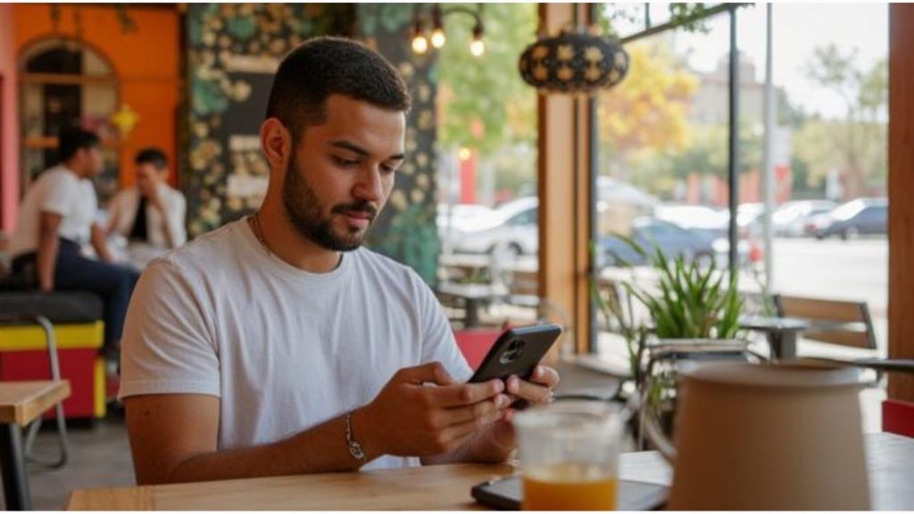 um homem sentado em um café olhando para um aplicativo móvel de rádio