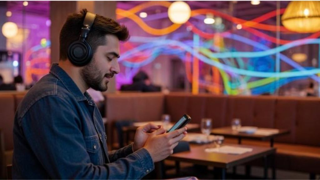 a man at a bar, listening to a radio station using his mobile app