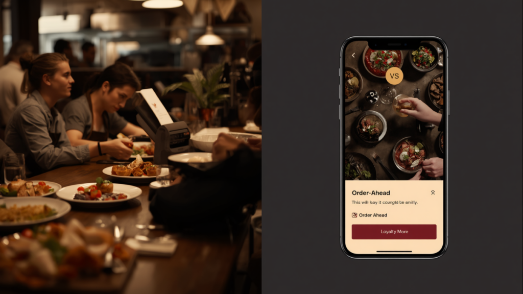 A split screen with a busy restaurant on the left, then a mobile app to take orders on the right showing the difference between AppBuild.diy vs ChowNow