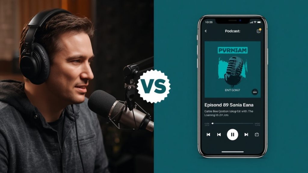 A split screen showing a podcaster comparing AppBuild.diy vs Podbean
