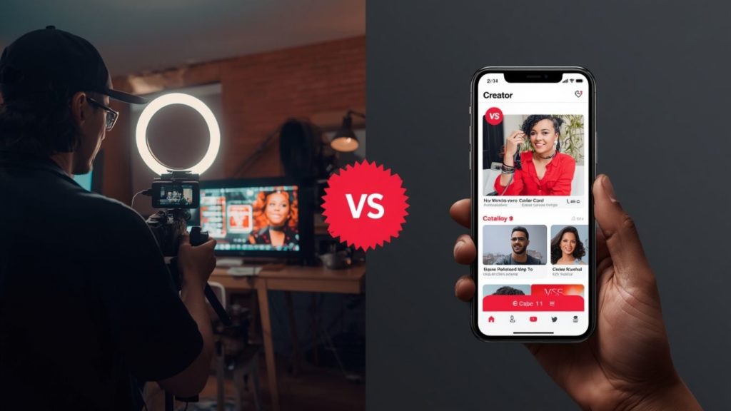 A creator in a studio next to a creator app mockup showing AppBuild.diy vs Uscreen