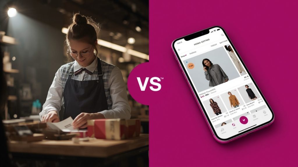 AppBuild.diy vs Vajro shown with a shop keeper arranging items next to a phone mockup