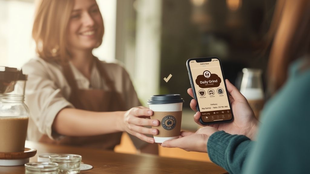 a customer in a cafe holding a coffee shop subscription app