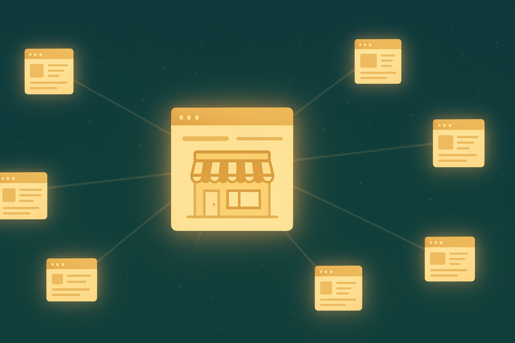 A website connected to other sites by glowing backlink lines