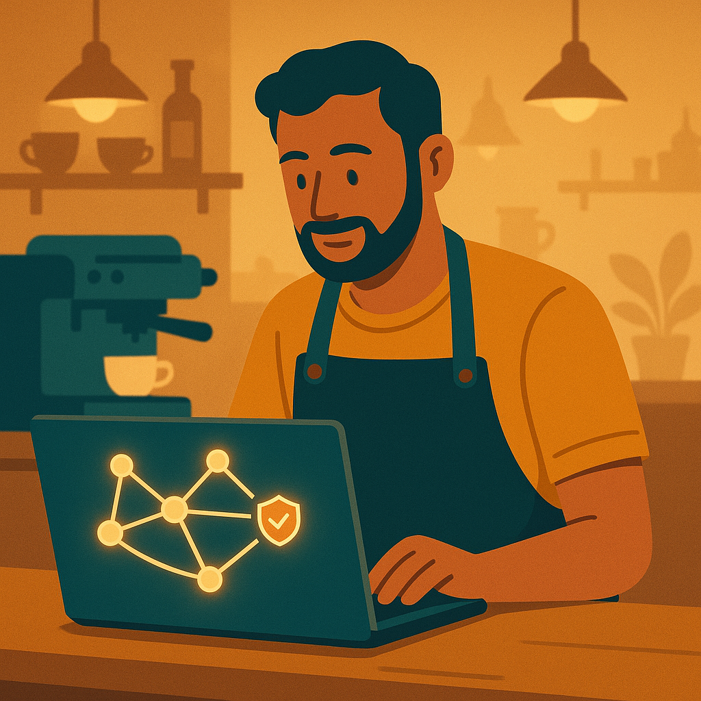 Coffee shop owner behind the counter looking at a laptop showing a glowing network diagram with a shield icon near one node