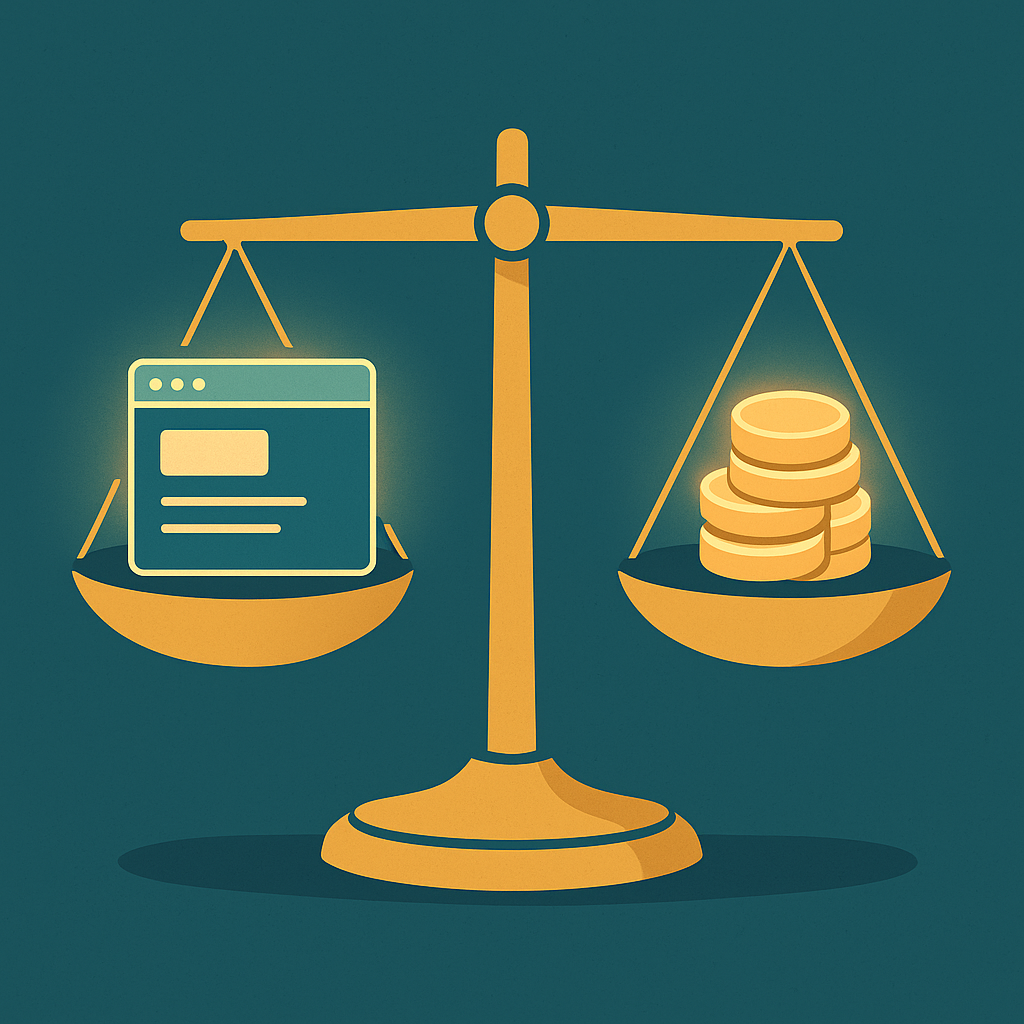 Perfectly balanced scales with a glowing website card on one side and a stack of glowing credit tokens on the other