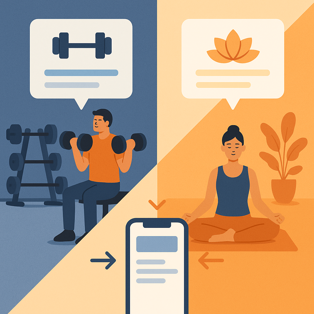Split illustration of a weight room and a yoga class, each with a different social post pointing to one app