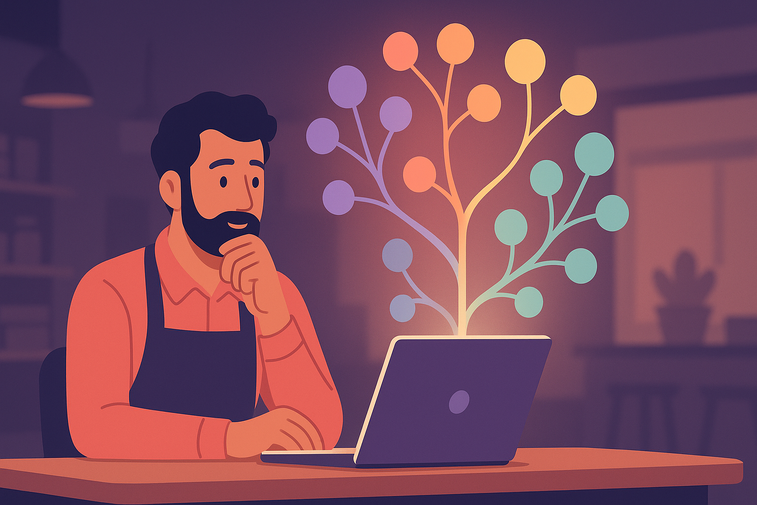 Business owner looking at a laptop with a branching glowing mind map of five colored node clusters floating above it