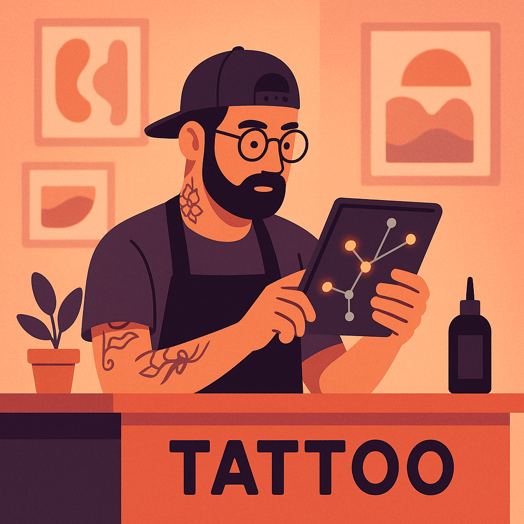 Tattoo artist at a reception desk looking at a tablet showing a simple branching diagram with highlighted nodes