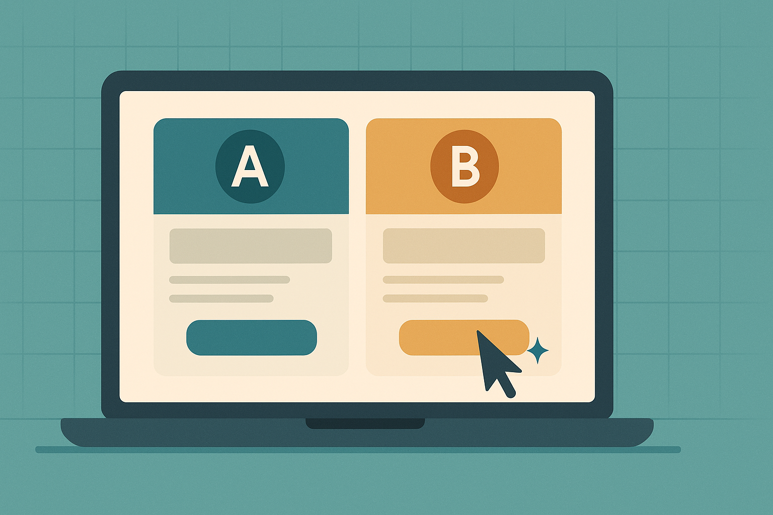Laptop showing two versions of a landing page side by side with different colored buttons, a cursor selecting the winner