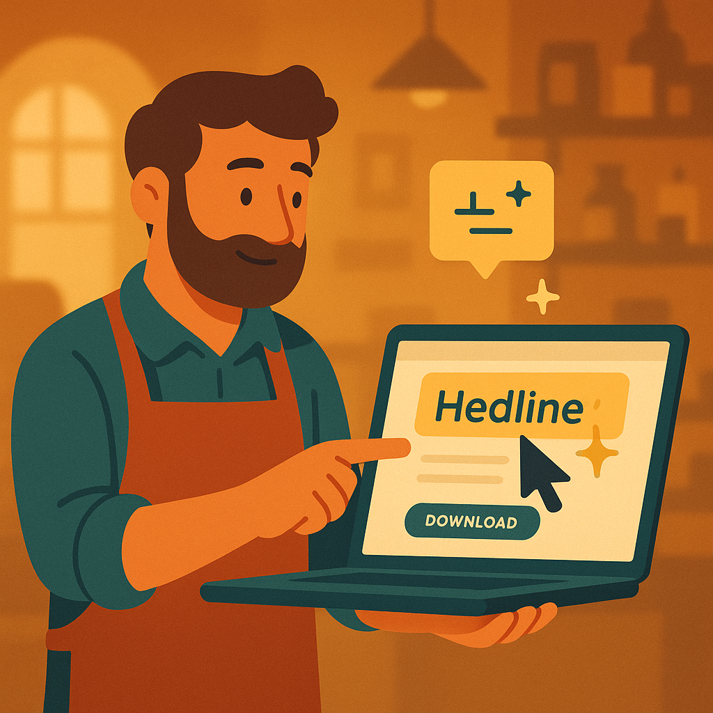 Business owner in an apron pointing at a highlighted headline on a laptop screen with an AI sparkle icon nearby