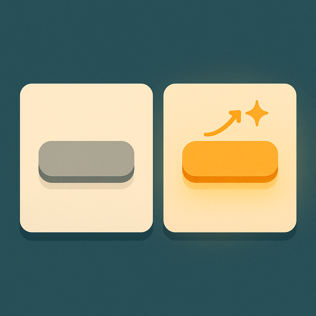 Two call-to-action buttons side by side, one plain grey, one glowing with an upward arrow marking it as the winning variant