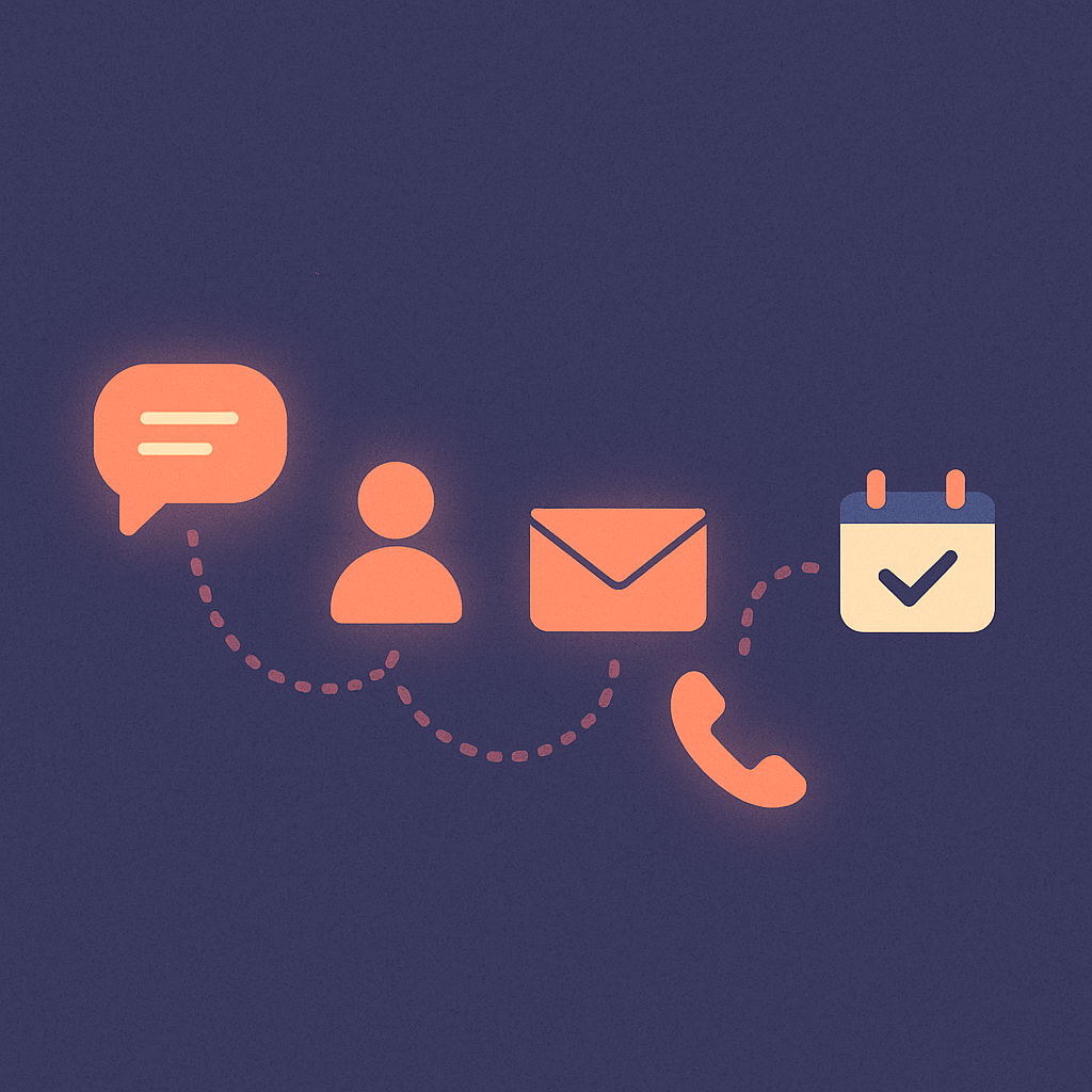 Four connected glowing icons, chat, profile, email, phone call, linked by a dotted line ending at a calendar checkmark