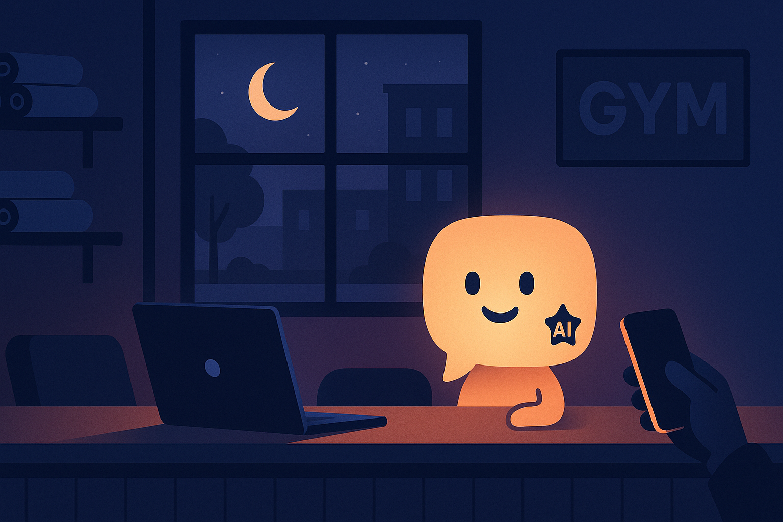 Glowing AI chat bubble character beside a laptop at a gym reception desk at night, moonlit window behind