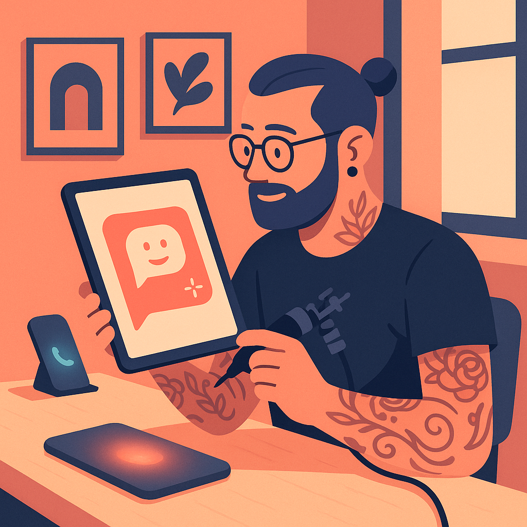 Tattoo artist at a studio desk looking at a tablet showing an AI chat bubble, phone glowing softly nearby