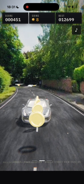 Local Surfer gameplay screenshot showing an obstacle car and coins on a real street