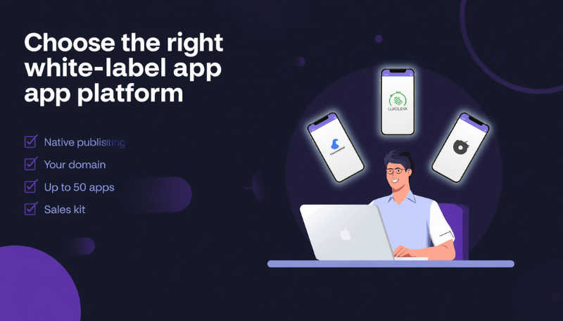 A happy man with a laptop showing how to choose a White-Label App Reseller Platform
