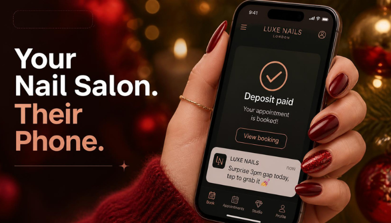 a woman holding a branded nail salon app