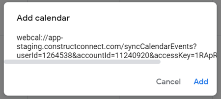 Bid Center Add to Google Calendar Dialog Box