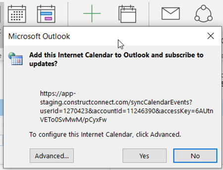 Bid Center Calendar Sync Add to Internet Confirmation Dialog Box