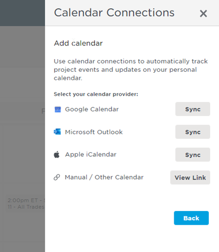 Bid Center Calendar Connections Menu