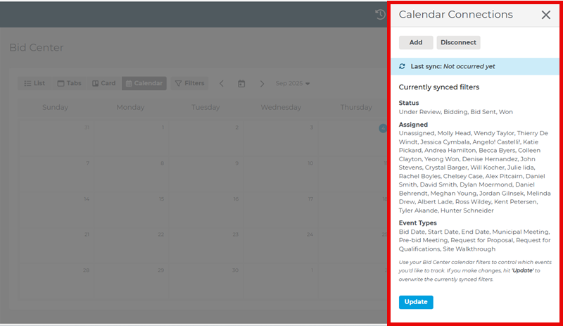 Bid Center Calendar Connections Update Menu