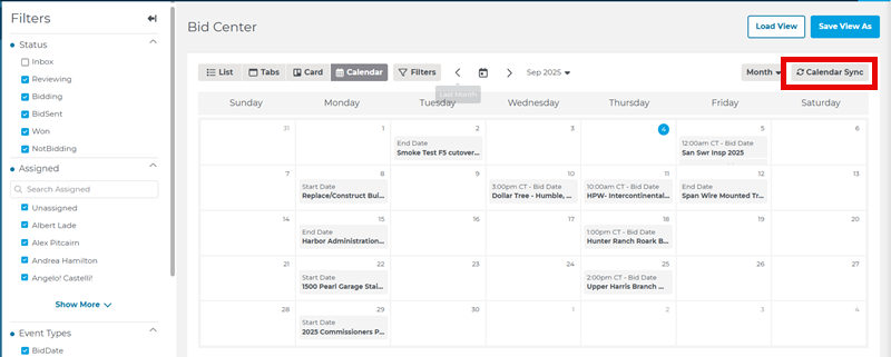Bid Center Calenda Sync Button Full Window View