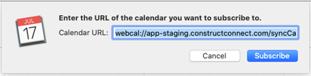 Bid Center Calendar URL Dialog Box
