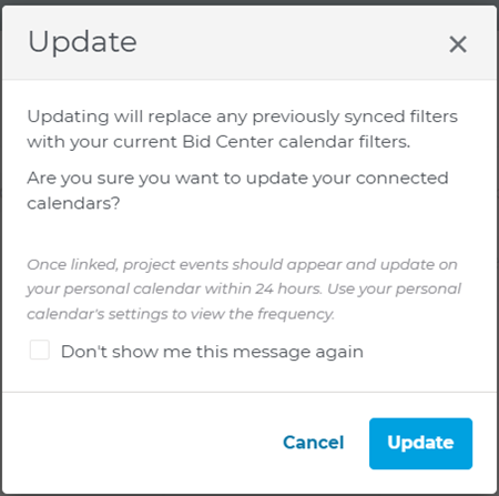 Bid Center Update Dialog Box