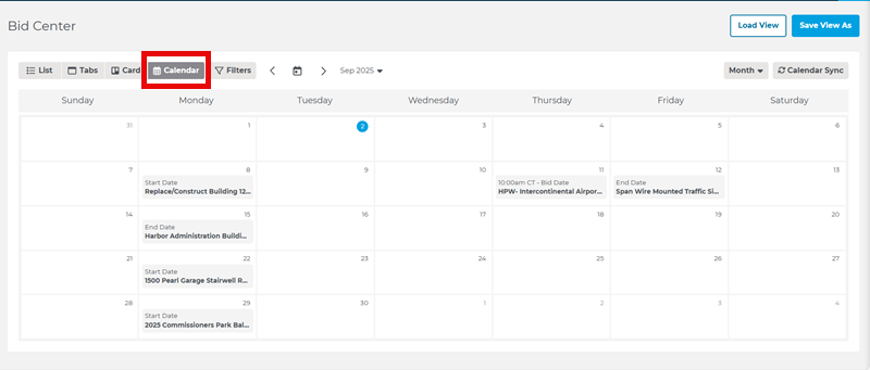 Bid Center Calendar View