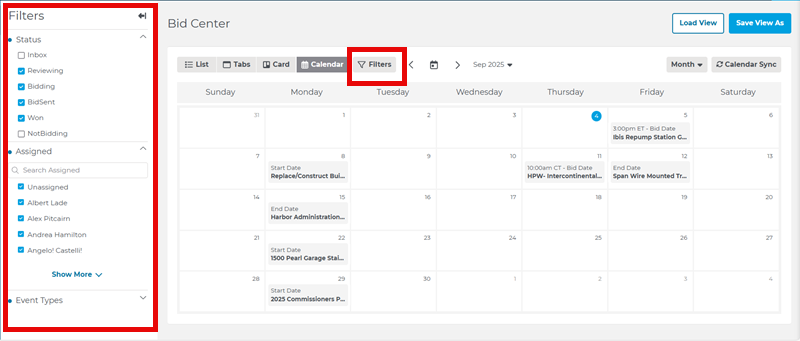 Bid Center Calendar View Filters Button and Menu