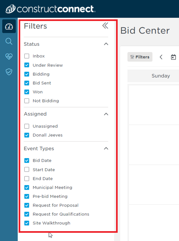 Bid Center Calendar View Filters Menu