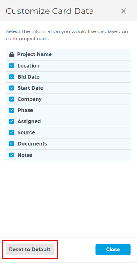 Bid Center Card View Reset to Default Button