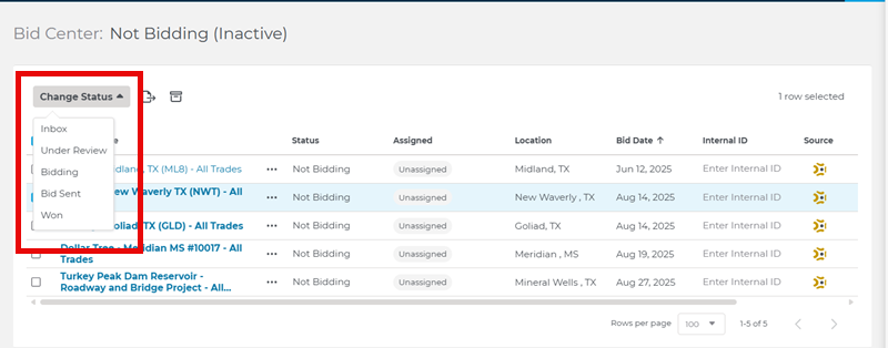 Bid Center Change Status Drop Down Menu