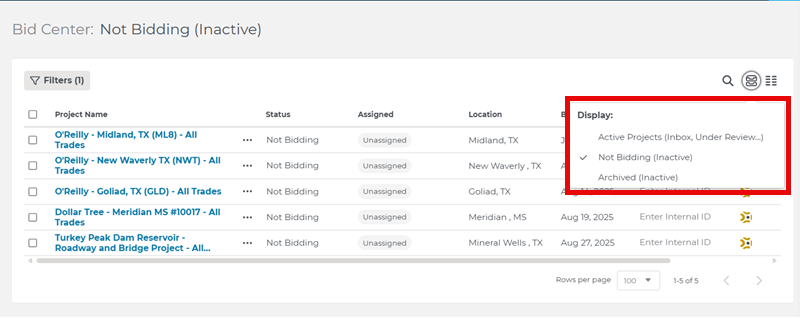 Bid Center Inactive Projects List or Tab View Drop Down Menu