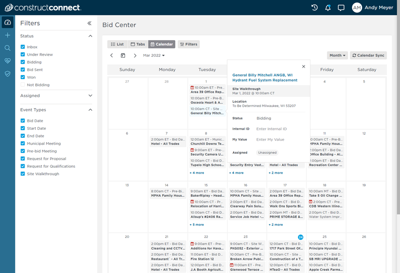 Bid Center Project Details Calendar View