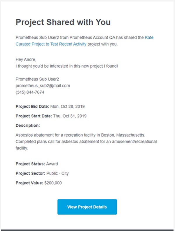 Bid Center Project Shared Message