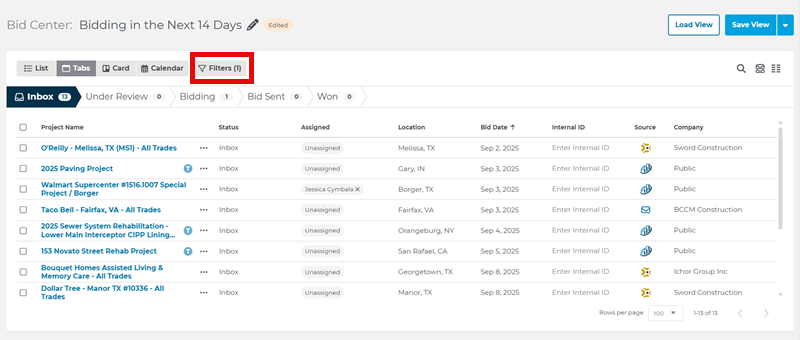 Bid Center Saved View Filters Button