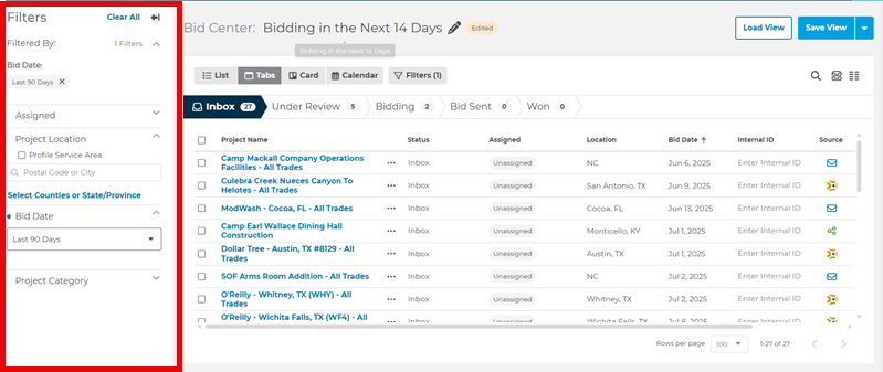 Bid Center Saved View Filters Menu