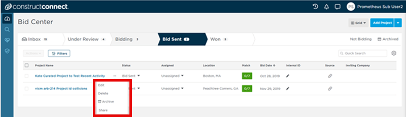 Bid Center Share Menu