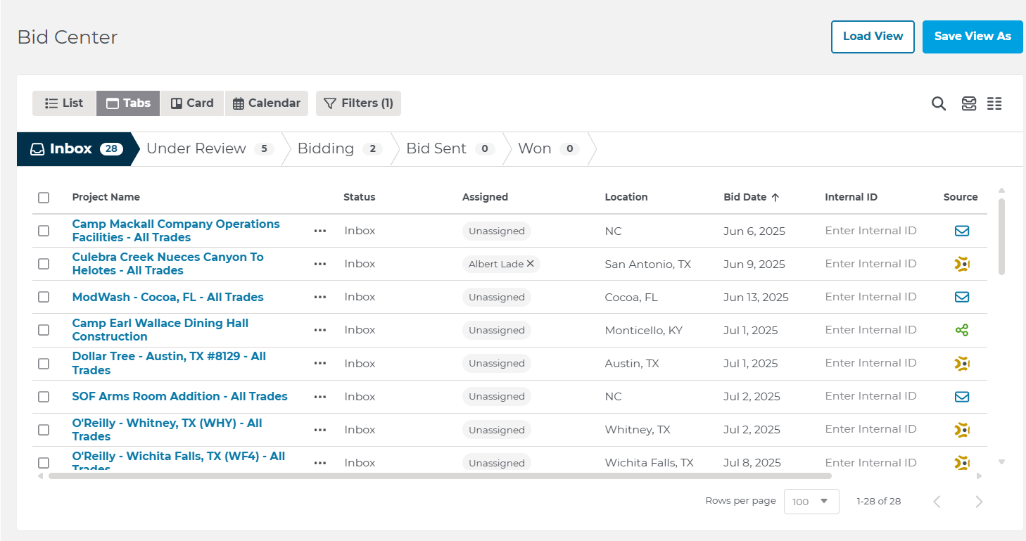 Bid Center Tabs View