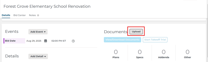 Bid Center Upload Files Button