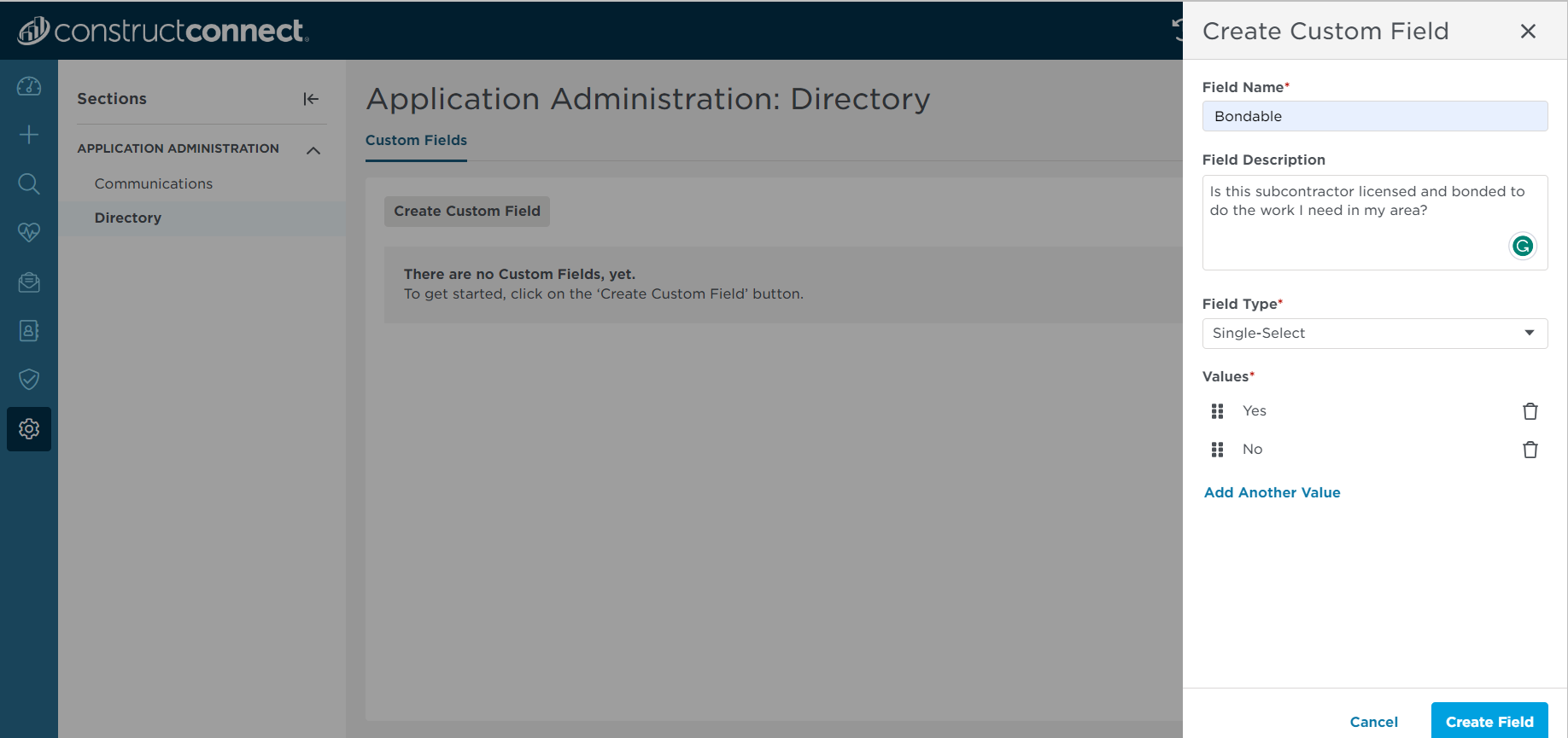create custom field flyout