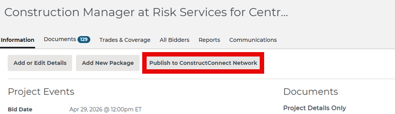 View of Publish to ConstructConnect Button from Information Tab