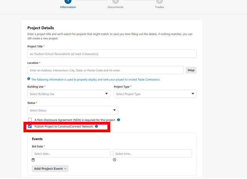 View of Publish Project to Project Intelligence Checkbox on Project Creation Modal