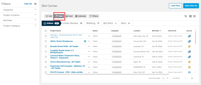 Bid Center Tab View