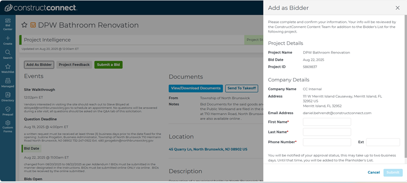 Project Intelligence Add as Bidder Flyout