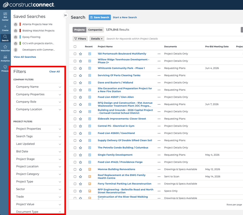 Project Intelligence Company and Project Filters Together in Side Menu